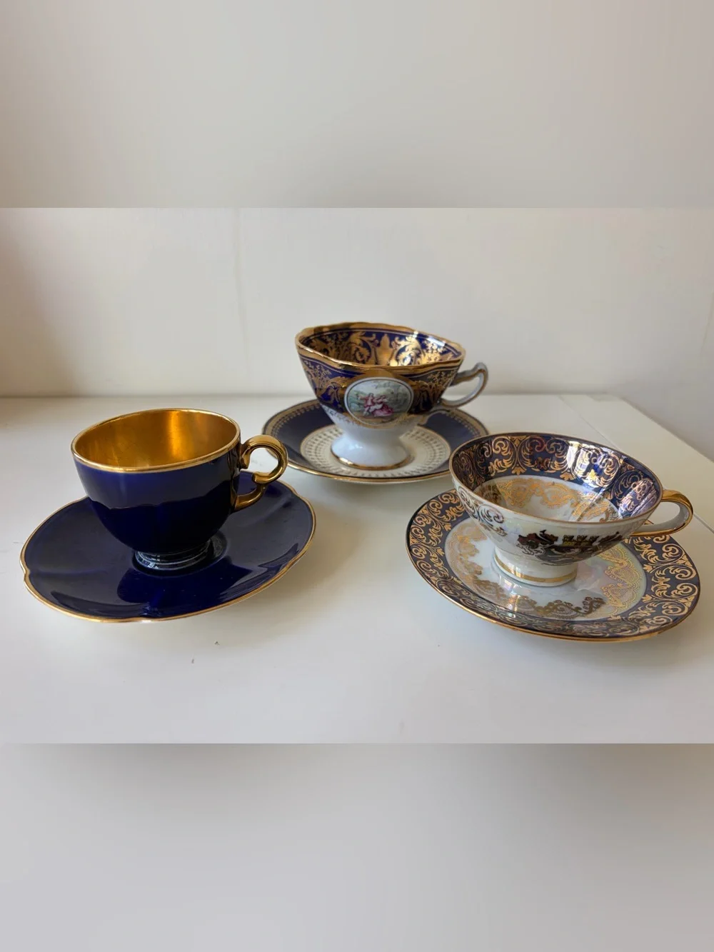 Lot of 3 Vintage tea Cup And Saucer set cobalt blue & gold trim